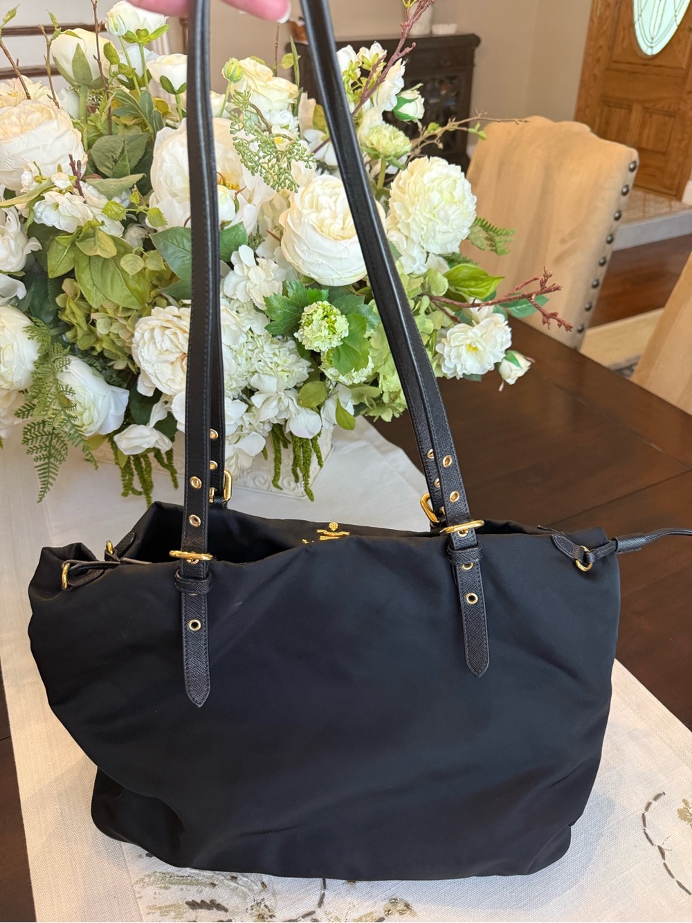 Black Nylon Tote with Gold Hardware - Leather Strap Shoulder Bag - Picture 2 of 8